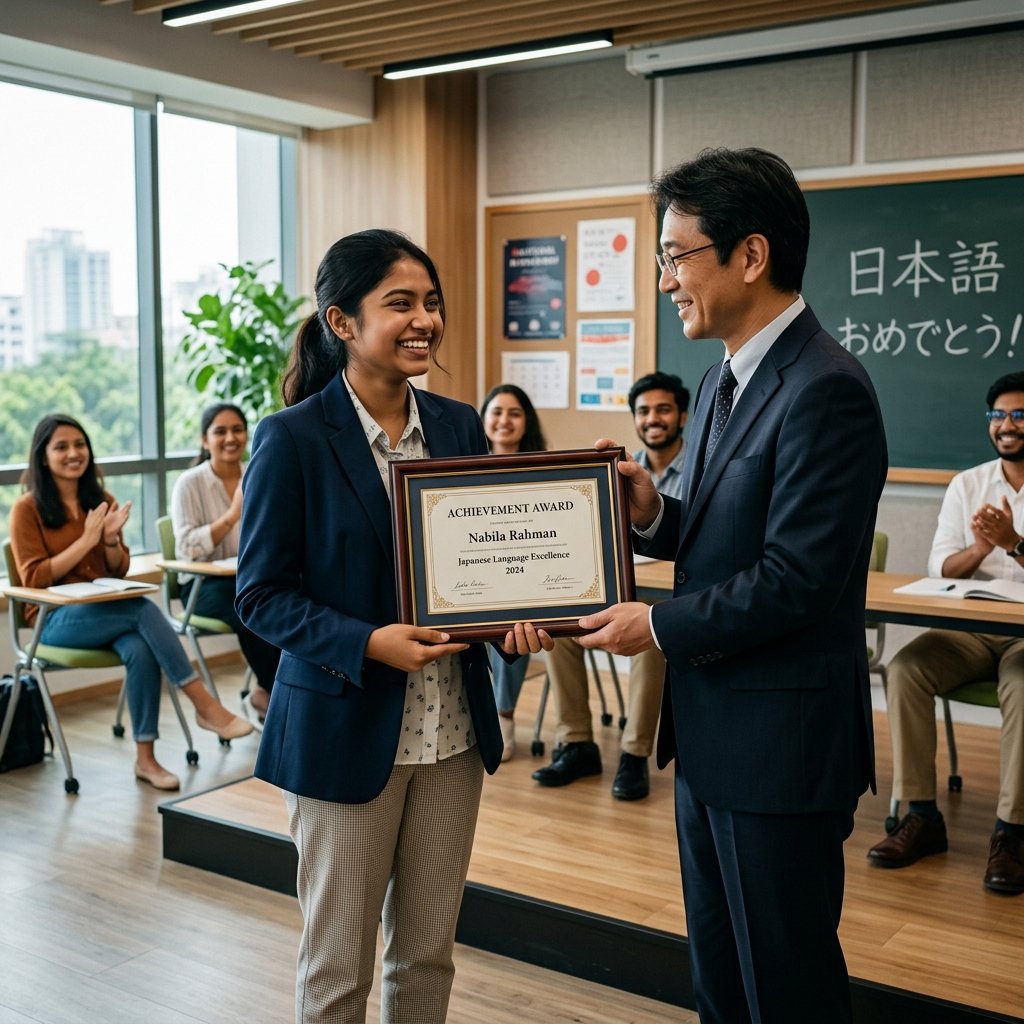 Student receiving Japanese course certificate